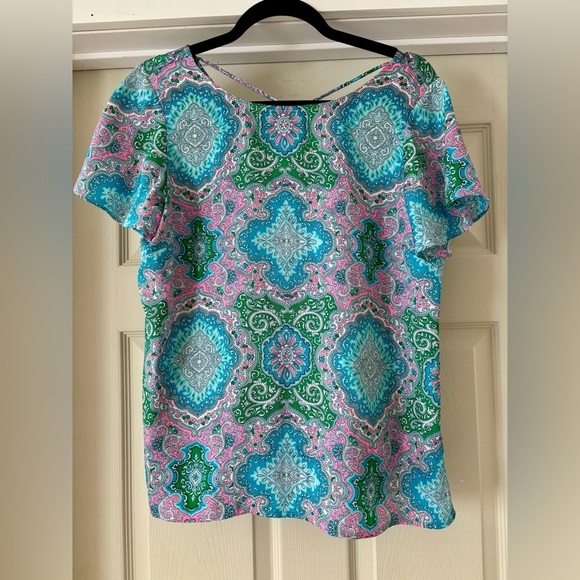 Talbots Womens Blouse Paisley Criss Cross Back Flutter Sleeves Size M Petite NWT - Picture 1 of 7